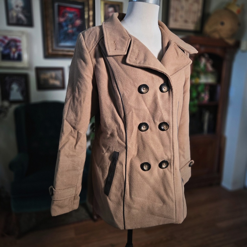 Croft & Barrow Womens Tan Pea Coat Double Breasted Belted Soft Khaki